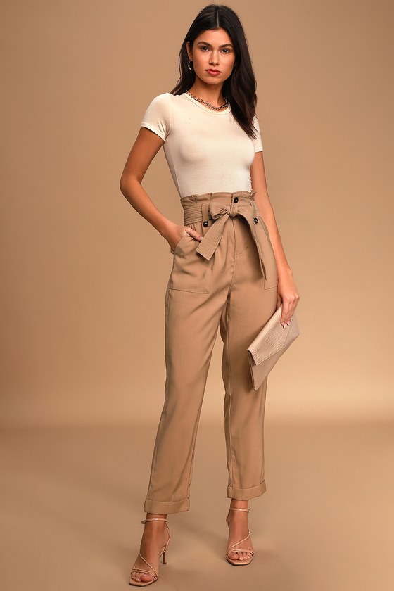 High Waisted Paper Bag Pants - Sand – East Side Chic